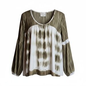 Sadie & Sage Womens Boho Chic Blouse Top Brown White Tie-dye Long Sleeve Cottage